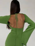 Solid Color Flare Sleeve Knits Midi Dress GFQS-P0327