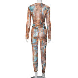 Mesh Print O Neck Tight Two Piece Pants Set MXBF-D23ST478