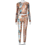 Mesh Print O Neck Tight Two Piece Pants Set MXBF-D23ST478
