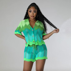 Fashion Single-breasted T-shirt Knit Shorts Set XEF-40057