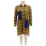 Plus Size Check Printed Patchwork Shirt Dress HNIF-089