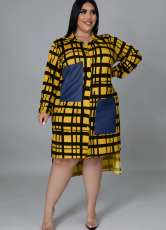 Plus Size Check Printed Patchwork Shirt Dress HNIF-089