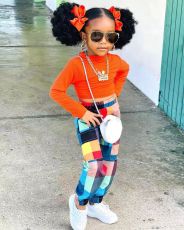 Kids Girls Solid T Shirt And Plaid Print Pants 2 Piece Set GYAY-M8010 