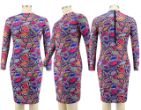 Plus Size Long Sleeve Irregular Plaid Print Slim Sexy Dress HNIF-034