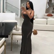Sexy Sling Hollow Out Solid Maxi Dress XEF-43225