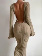 Ruffle Long Sleeve Knit Backless Long Dress GFQS-4061