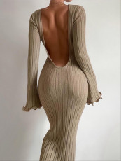Ruffle Long Sleeve Knit Backless Long Dress GFQS-4061
