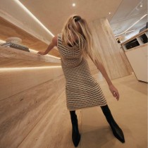 Stripe Contrast Color Knits Sleeveless Long Dress GFQS-2011