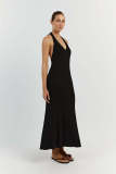 V Neck Blackless Tie Up Halter Maxi Dress GFQS-5515