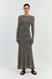 Mesh Stripe Long Sleeve Knits Maxi Dress GFQS-5510