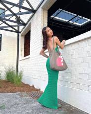 Sleeveless Halter Hollow Out Knits Maxi Dress GFQS-0722