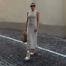 Stripe Contrast Color Knits Sleeveless Long Dress GFQS-2011