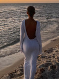 Ruffle Long Sleeve Knit Backless Long Dress GFQS-4061