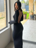 Ruffle Long Sleeve Knit Backless Long Dress GFQS-4061