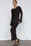 Ruffle Long Sleeve Knit Backless Long Dress GFQS-4061