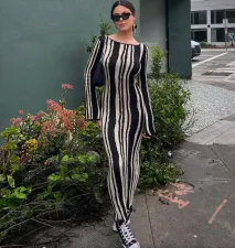 O Neck Long Sleeve Slim Print Maxi Dress GFQS-N6003
