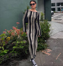 O Neck Long Sleeve Slim Print Maxi Dress GFQS-N6003