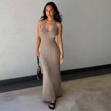 V Neck Blackless Tie Up Halter Maxi Dress GFQS-5515