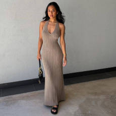 V Neck Blackless Tie Up Halter Maxi Dress GFQS-5515