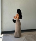 V Neck Blackless Tie Up Halter Maxi Dress GFQS-5515