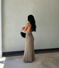 V Neck Blackless Tie Up Halter Maxi Dress GFQS-5515