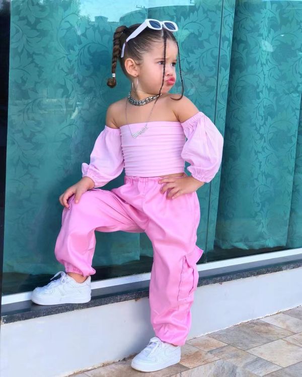 Kids Girl's One-Shoulder Plunger Sleeve Trousers 2 Piece Set GYAY-M8003 