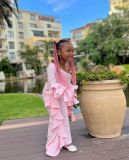 Kids Girl's Slash Shoulder Flare Sleeve Top Ruffle Pants Set GYAY-M8034 