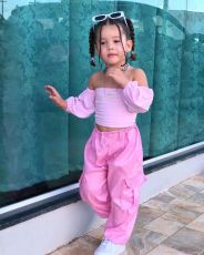 Kids Girl's One-Shoulder Plunger Sleeve Trousers 2 Piece Set GYAY-M8003 