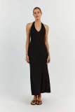 V Neck Blackless Tie Up Halter Maxi Dress GFQS-5515