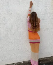 Off Shoulder Color Block Knits Maxi Dress GFQS-0501