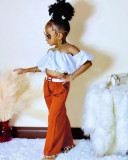 Kids Girl's One Shoulder Ruched Bubble Sleeve 2 Piece Set GYAY-M8011 
