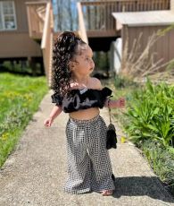 Kids Girl's One-Shoulder Pleated Bubble Sleeve Houndstooth Pants Suit GYAY-M8068 