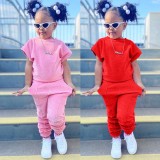Kids Girl's Solid Color Sweatshirts Sport Two Piece Pants Set GYAY-M8026 