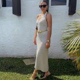 V Neck Blackless Tie Up Halter Maxi Dress GFQS-5515