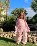 Kids Girl's Slash Shoulder Flare Sleeve Top Ruffle Pants Set GYAY-M8034 