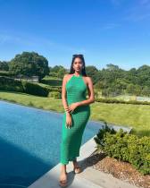 Sleeveless Halter Hollow Out Knits Maxi Dress GFQS-0722
