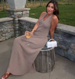 V Neck Blackless Tie Up Halter Maxi Dress GFQS-5515