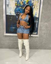 Sexy Denim Halter Backless Tops And Skirt Two Piece Set NYF-8165