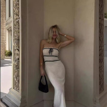 Off Shoulder Tie Up Patchwork Knits Maxi Dress GFQS-306