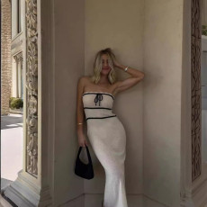 Off Shoulder Tie Up Patchwork Knits Maxi Dress GFQS-306