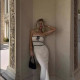 Off Shoulder Tie Up Patchwork Knits Maxi Dress GFQS-306