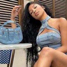 Sexy Denim Halter Zipper Tops Two Piece Skirts Set NYF-8163