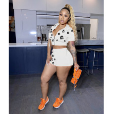Summer Print Zipper Hooded Two Piece Shorts Set IV-8508