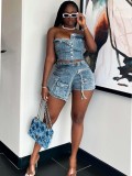 Single Breasted Wrap Top Denim Shorts Set CH-88010