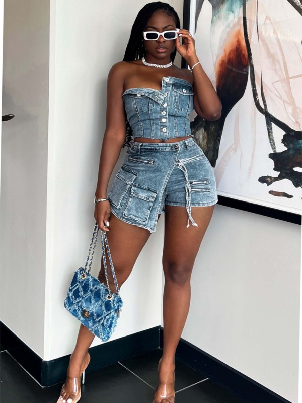 Single Breasted Wrap Top Denim Shorts Set CH-88010