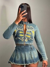 Embroidered Top Pleated Skirt Denim 2 Piece Set CH-88008