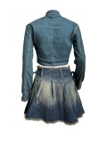 Embroidered Top Pleated Skirt Denim 2 Piece Set CH-88008