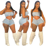 Sexy Wrap Bust Hot Drill Denim Shorts Set TK-6316