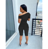 Slash Shoulder Short Sleeve Casual Short Set FOSF-8389