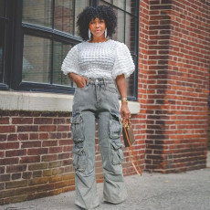 Fashion Pockets Washed Loose Jeans WAF-77645